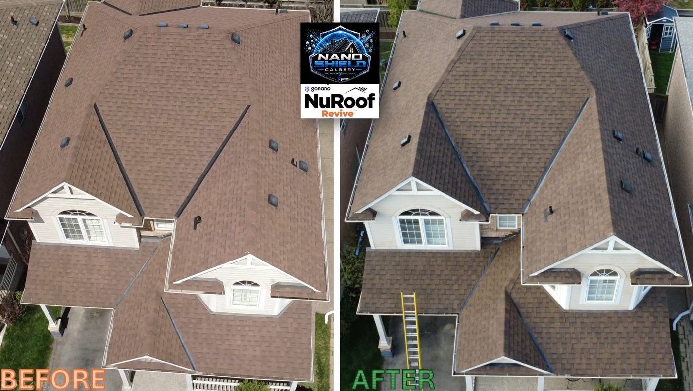 Drone before and after of a Calgary two-storey home showing faded shingles restored to a rich brown by GoNano NuRoof treatment