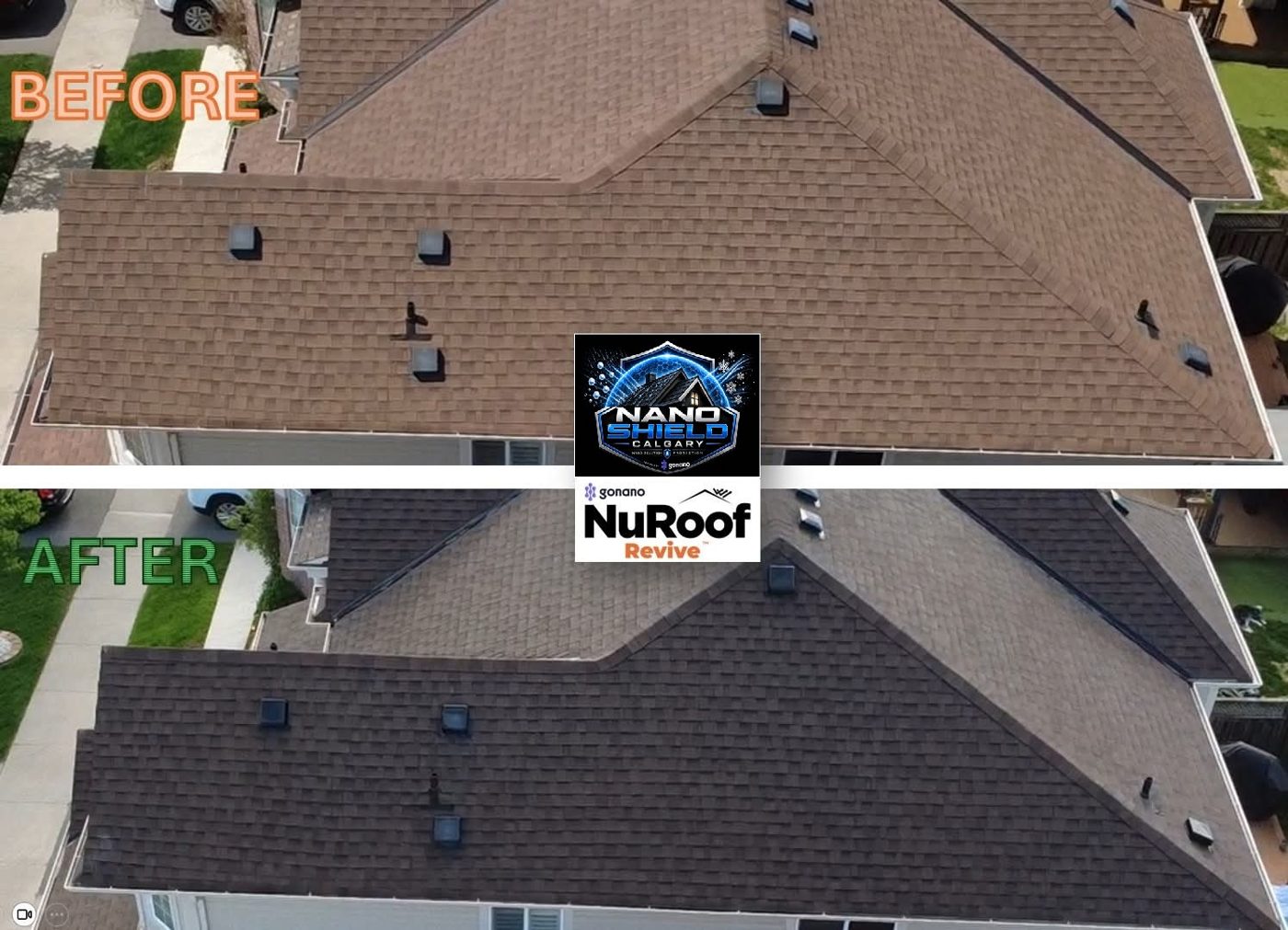 Before and after drone view of a large Calgary roof, sun-faded shingles above and the restored deeper color below