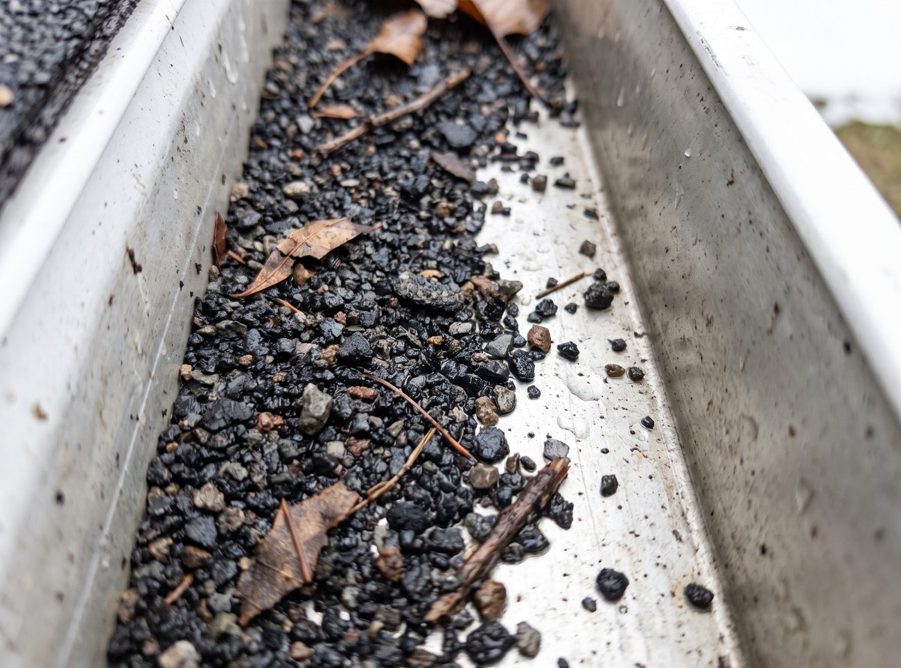 Close-up of black asphalt shingle granules collected in the bottom of an aluminium gutter