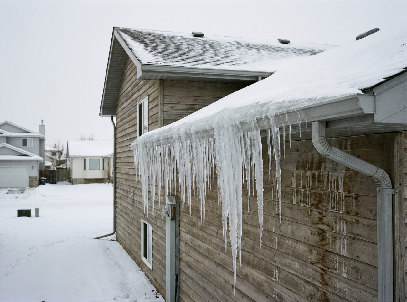 Ice dam and heavy icicles built up along a blocked gutter on a home in winter